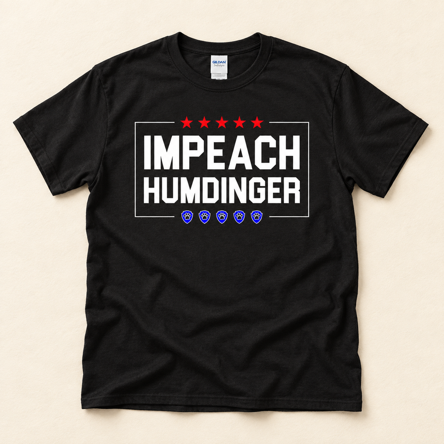 Impeach Humdinger Stars & Paws black Gildan Softstyle T-shirt flat lay